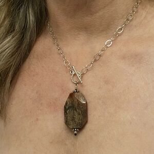 Chunky Silver Necklace with Textured Brown Pendant